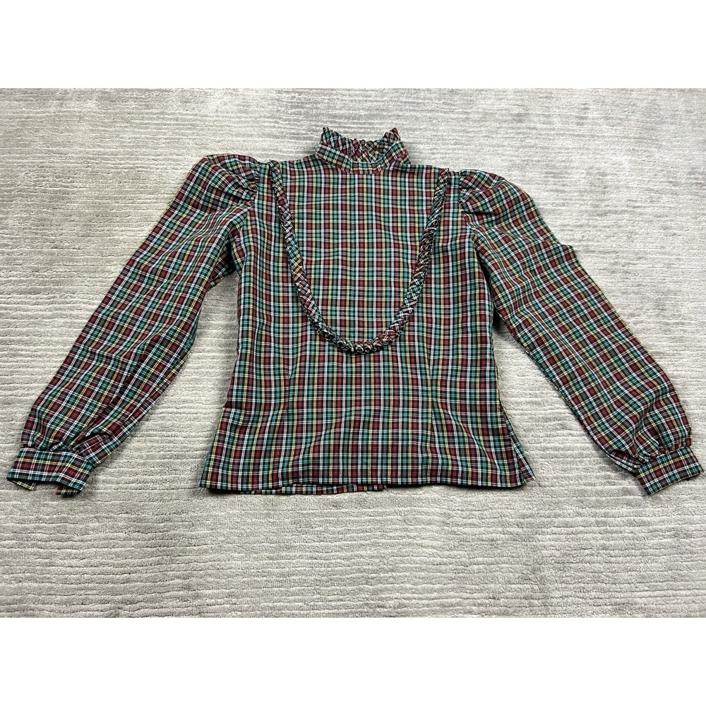 Vintage 80s Third Generation Plaid Blouse Juniors‎ 7 Tartan Ruffle High Neck